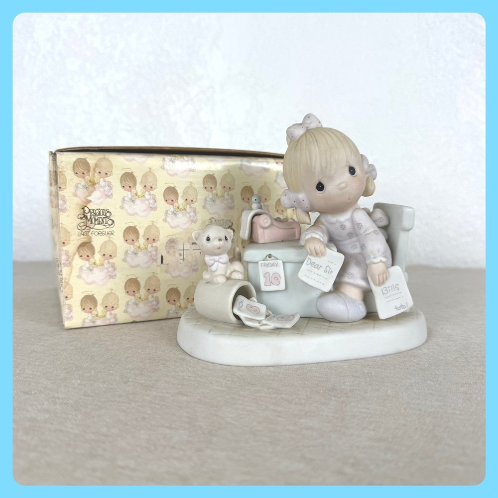 Precious Moments Praise The Lord Anyhow Girl at Typewriter Figurine E-9254 1982